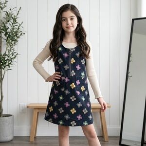 Bisby Jumper Dress Girl’s 12 L Navy Blue Retro Flower Power Zip-Front